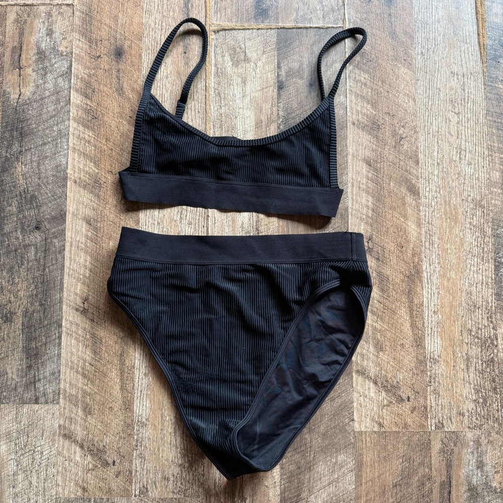 Frankie's Bikinis Black Ribbed High-Waist Bikini Set